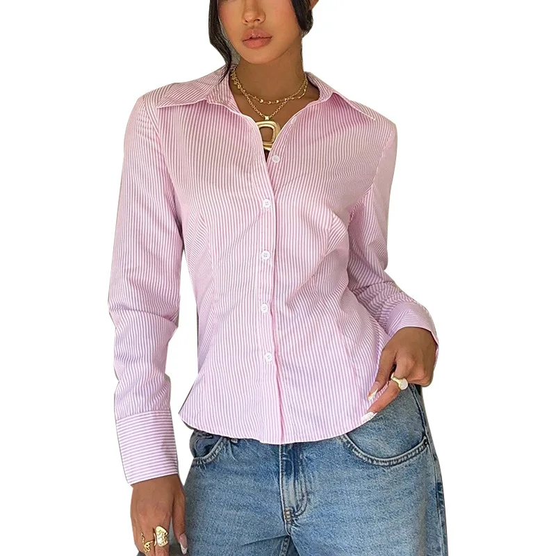 2025 herbst Temperament Gestreiften Taille Langarm-shirt Spitze-up Shirt Frauen