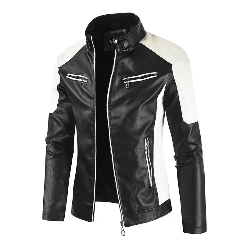 Men's Winter Pu Jacket Motorcycle Waterproof Cool Contrast Colors Classic Biker Leather Jacket Aviator Motor Autumn Coat