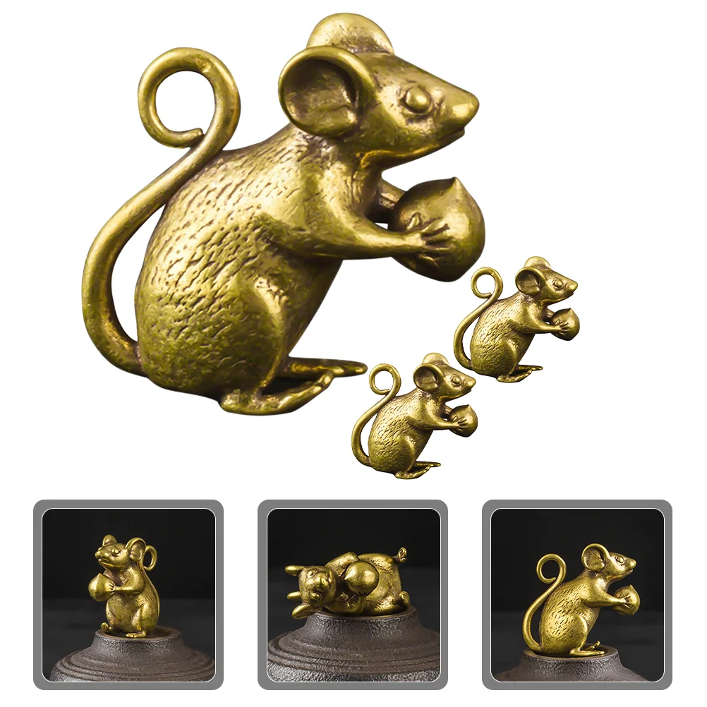 3 Pcs Brass Mouse Keychain Chic Ornament Animal Statue Desktop Adornment Solid Mini Rats Figurine Delicate Chinese Zodiac