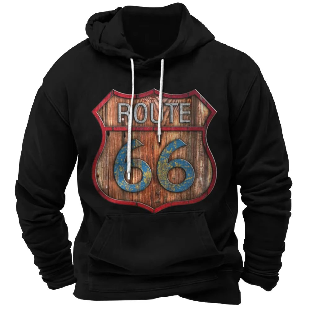 Populer Autumn And Winter Man Clothes 3d Printed Men's Route 66 Printed Hoodie Men Loose Casual Fashion Retro Oversized Hoodie