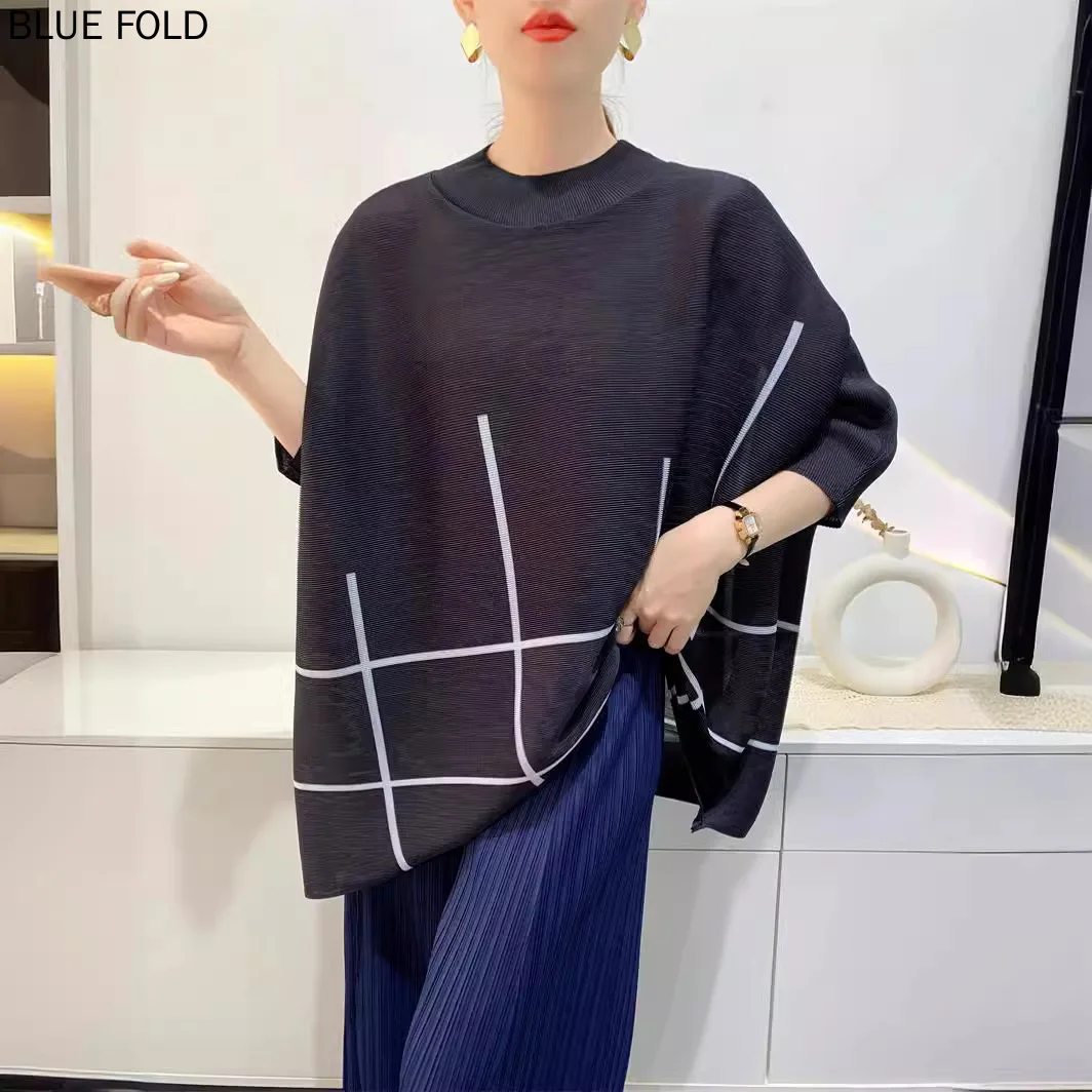 MIYAKE PLEATS Spring and Summer New Style Printed Tops Women's Pleated T-shirts Loose Half Turtleneck Comfortable and Casual