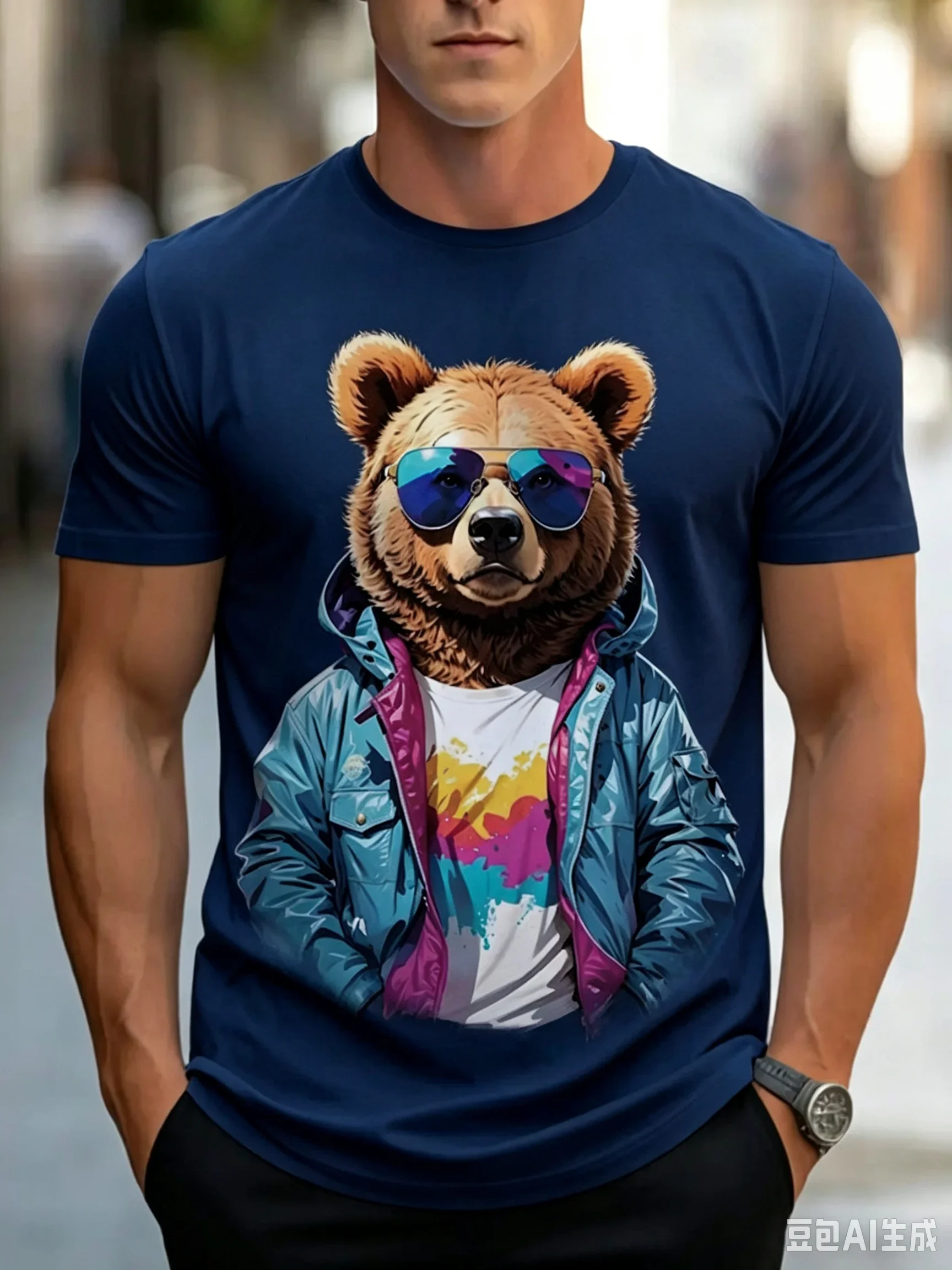 Trend Cool Hip‑hop Bear Graphic T‑Shirt 3D Jacket Bear Animal Print Short Sleeve Fashion Men Streetwear Casual Tee Tops