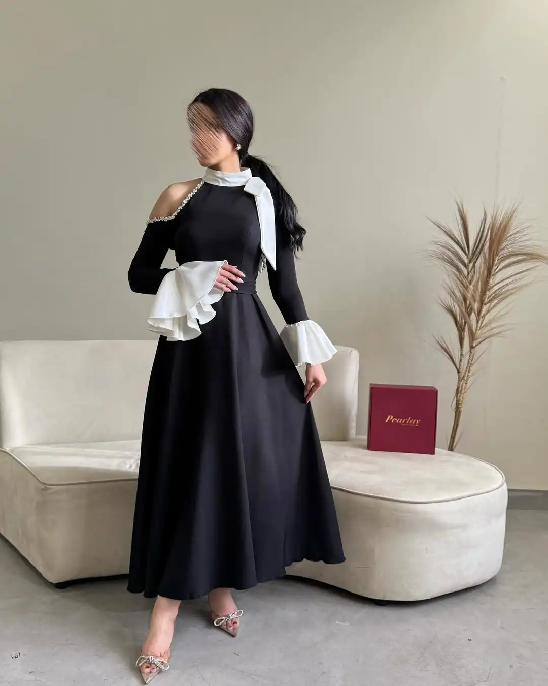 

Customized Long Sleeves Evening Dresses High Neck Ankle Length Pleated Beadings Prom Dresses Vestidos De Noches Party Gowns