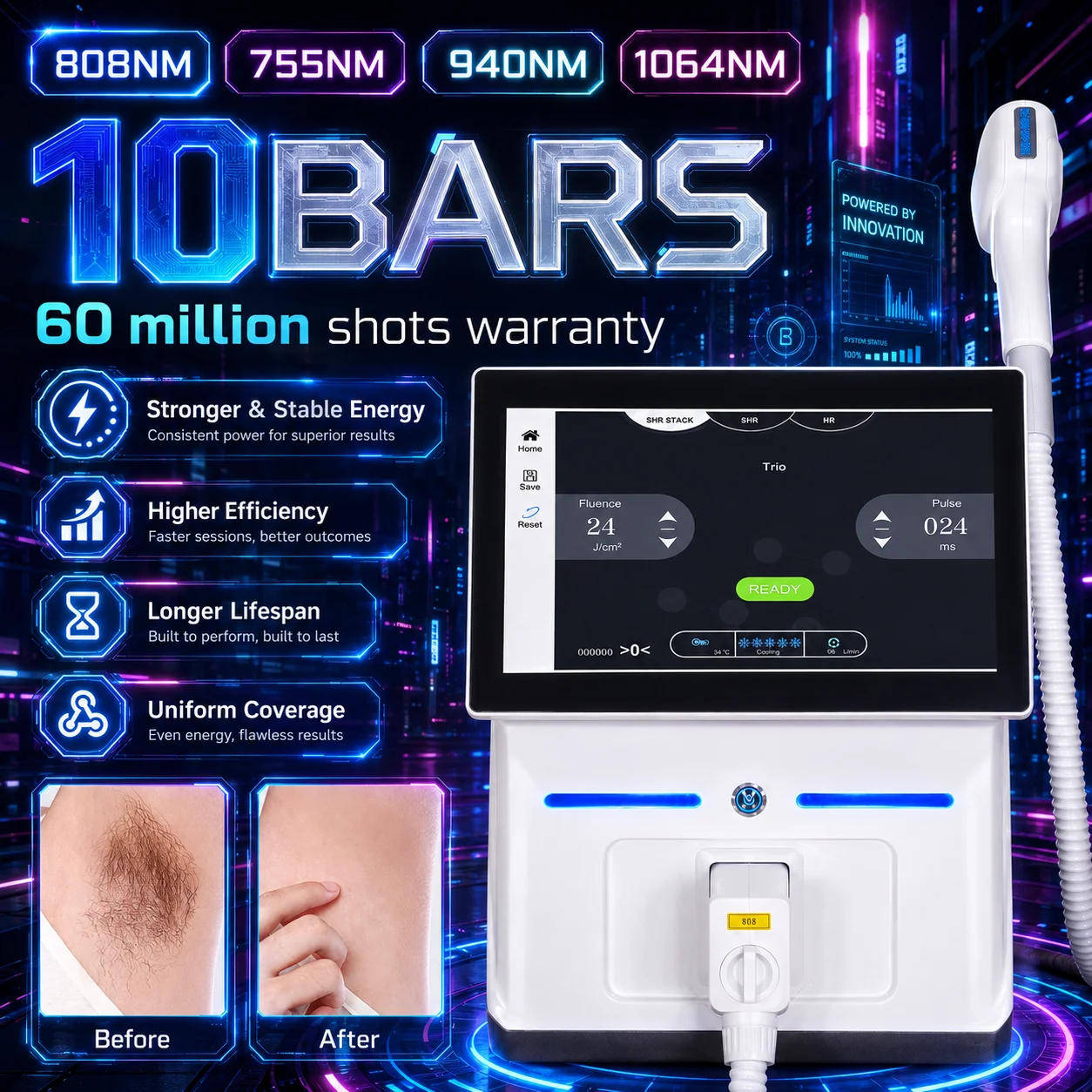 Diode  painless permanent hair removal FAC advanced technology with 4 Waves Salon Exclusive Full Certificate Latest 5000W