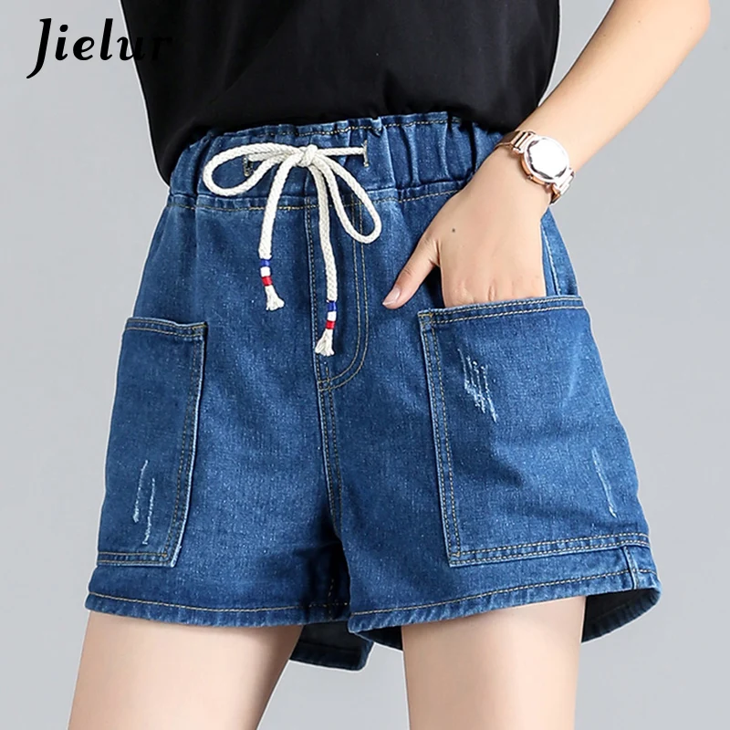 Washed Pockets Denim Shorts Womens Blue High Waist Jeans for Women Casual Loose Summer Elastic Waist Shorts Female S-5XL