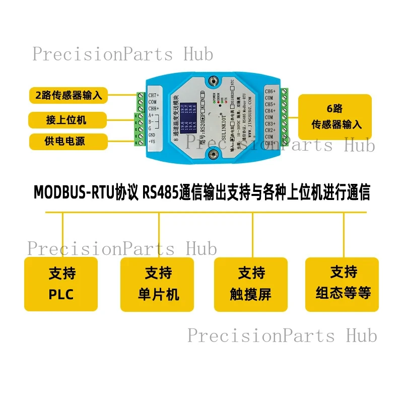 8-channel PT Thermistor PT100 Temperature Acquisition Module 8-channel PT1000 to RS485 Transmitter RS20P