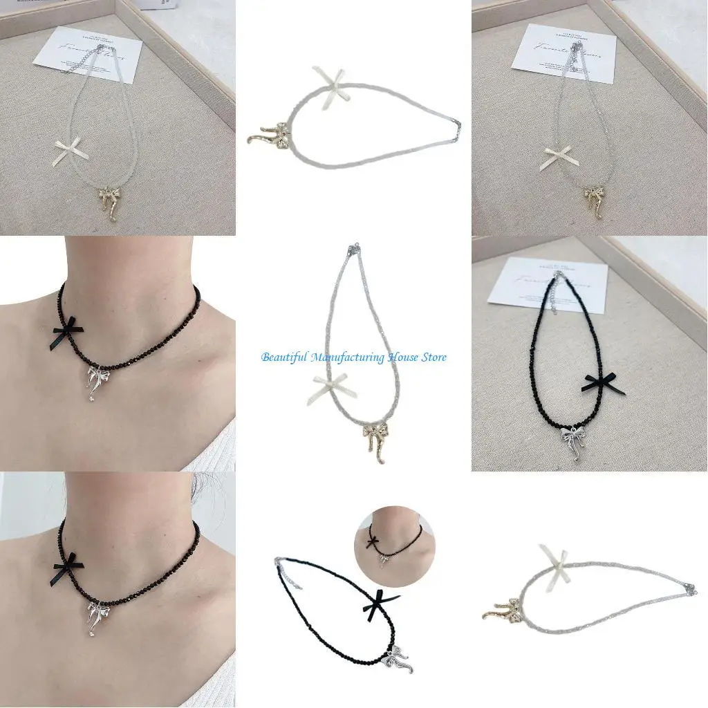 

E56A Beaded Bow Necklace Bowknot Clavicle Chain Fashionable Jewelry for Women Girls