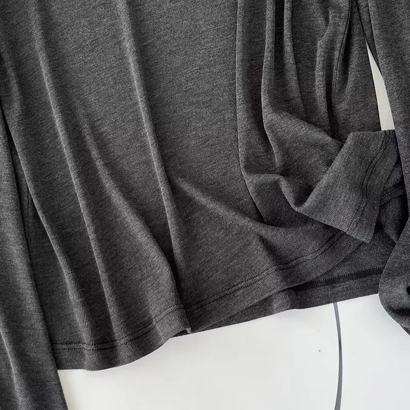 Dave&Di Nordic Minimalist Gray Color Long Sleeved T-shirt Women Casual Tops Basic Shirt For Spring