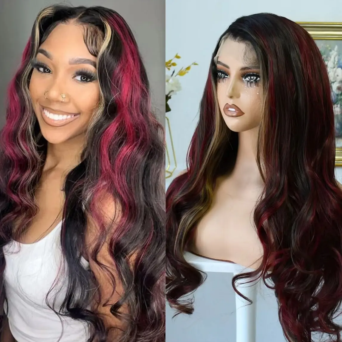 

32-дюймовый черный парик с блонд- и красными прядями, с кружевной передней частью 13x4 HD, волнистый, с предварительно выщипанной линией роста волос, без клея, синтетический, для женщин