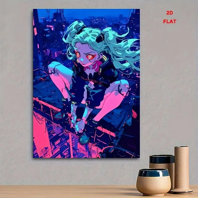 VIKAMA Cyberpunk Double Horsetail Animation Girl City Night Tapestry, Anime Wall Hanging for Bedroom Decor