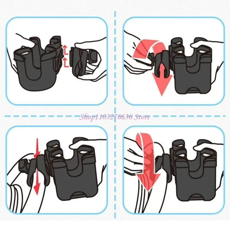 R6FD Kinderwagen-Getränkehalter, 360° drehbar, Doppelflaschen-Organizer mit Handy-Halterung für Kinderwagen, Rollstuhl, Gehhilfe – Detail 5