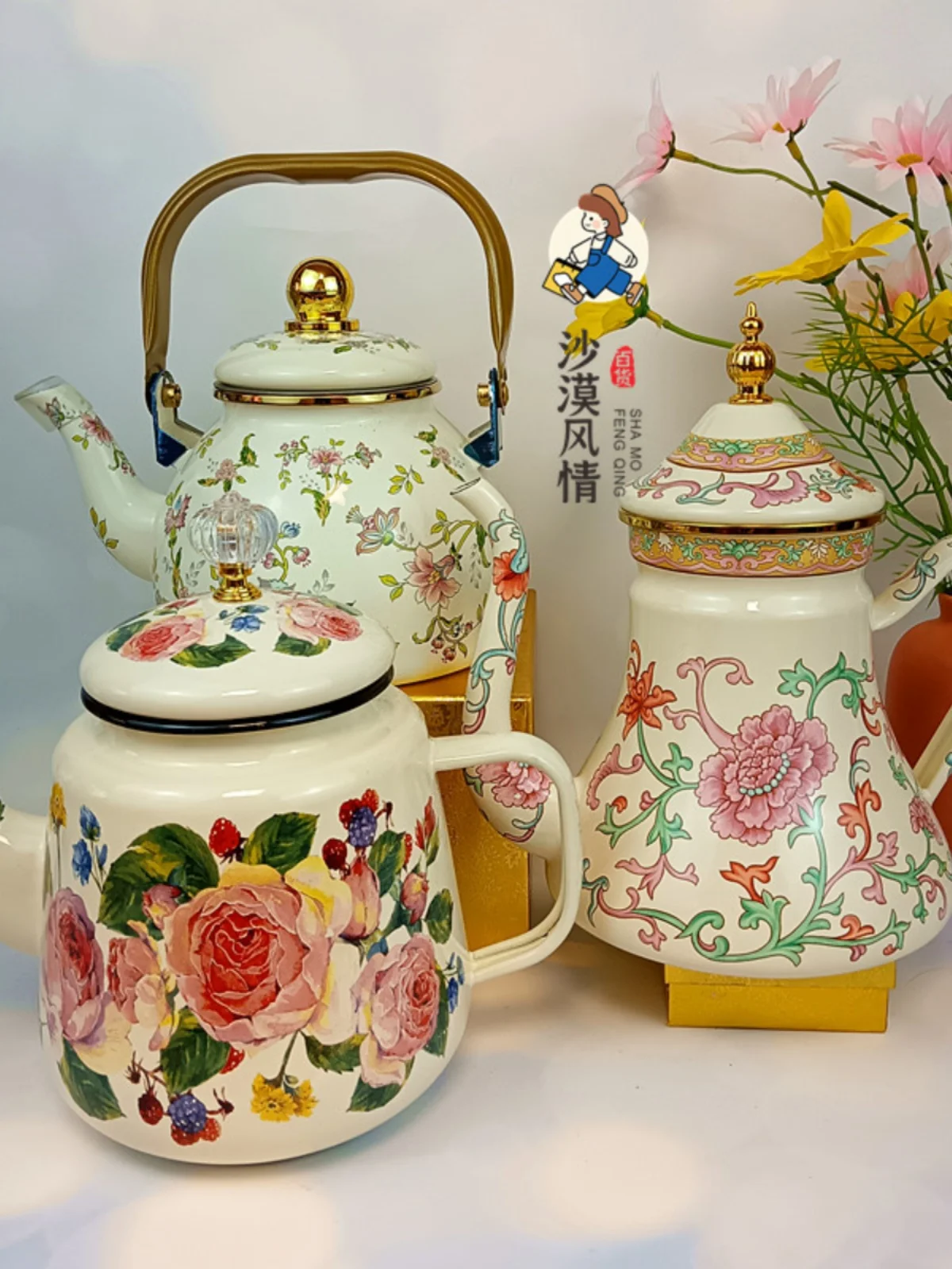 

Ethnic Style Enamel Milk Tea Kettle Boiling Water Oil and Vinegar Kettle Coffee Kettle Making Tea Enamel Flower Tea Kettle