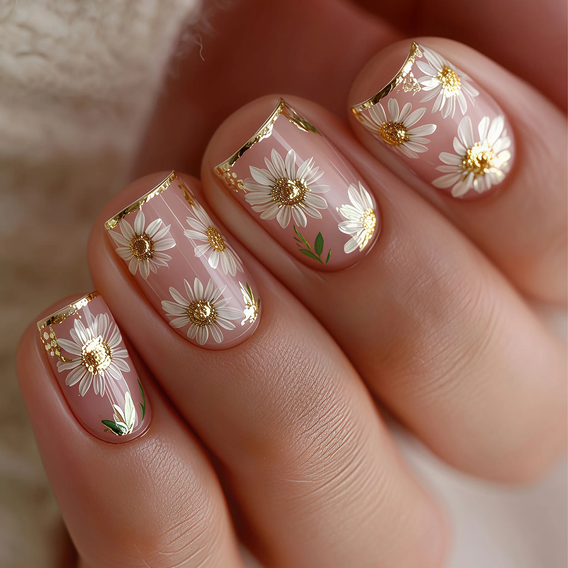 

24Pcs White Flower False Nails Press on With Golden Edge French Design Summer Full Cover Fake Nail for Women Wearable Nail Tips
