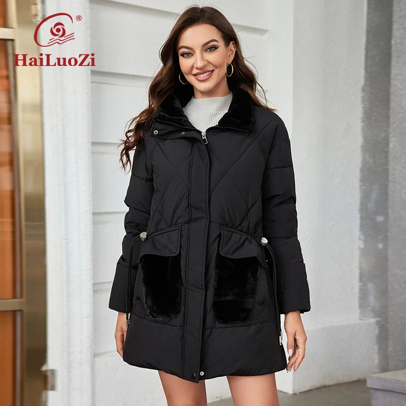 HaiLuoZi 2023 New Women Winter Jacket Short Warm Female Outwear Hooded Side Pockets With Fur Solid Color Women\'s Coat 1155