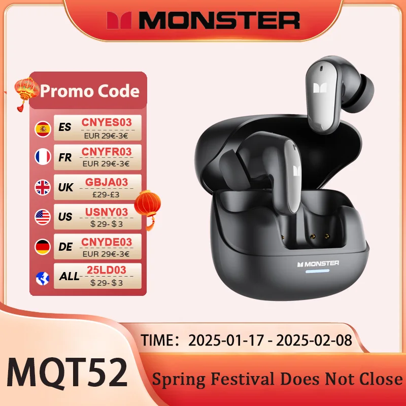 Choice Monster MQT52 TWS Wireless Bluetooth 5.4 Headset HIFI Stereo Gaming Music Earphones Talking Noise Canceling Earbuds