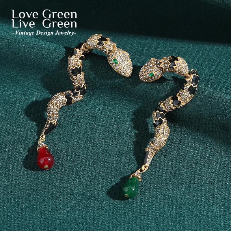 

Vintage Red Green Crystal Enamel Snake Earrings Serpentine Luxury Brand Jewelry Gold Color Accessories Women 2025 High Quality