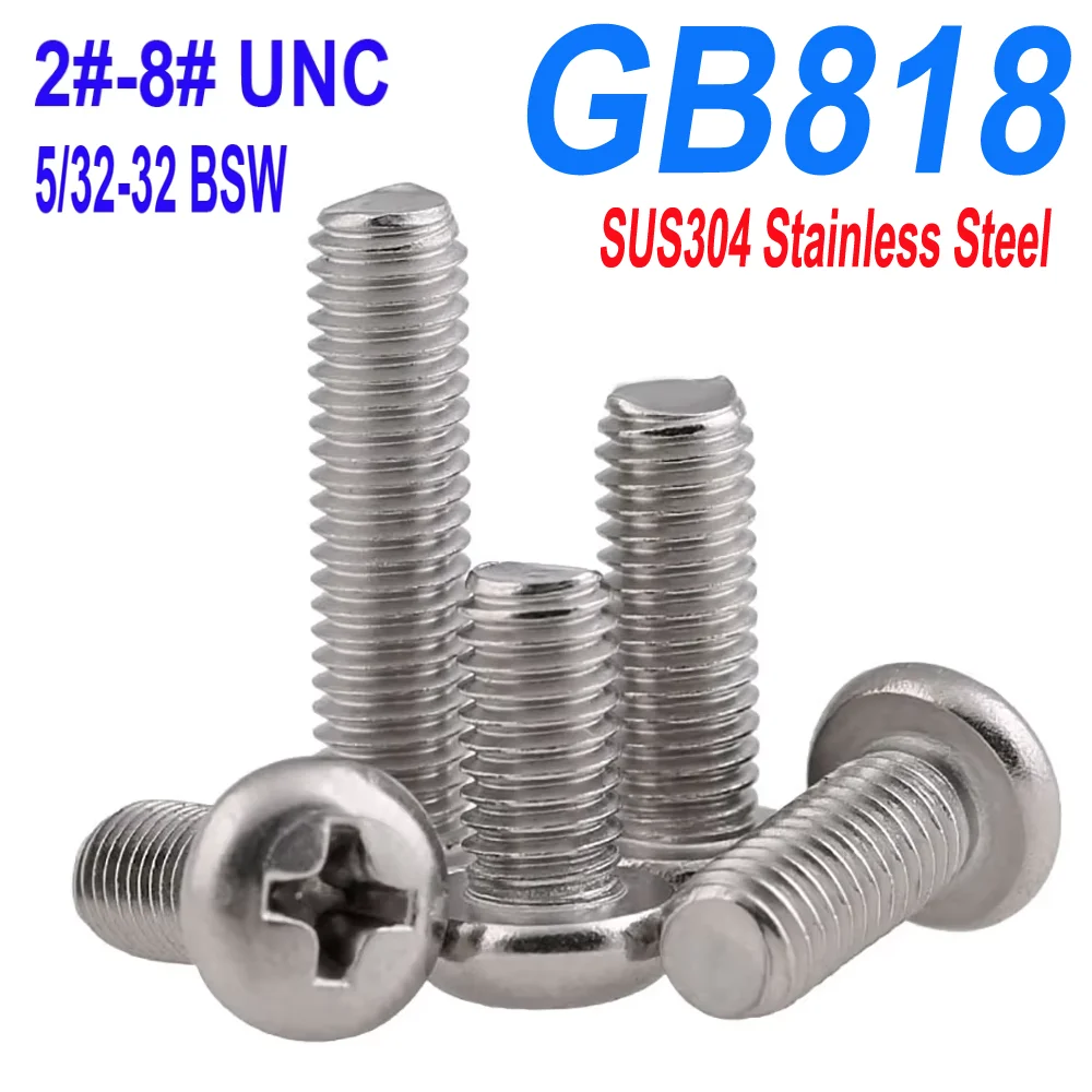 

UNC / BSW Thread SUS304 Machine Screws | GB818 Phillips Pan Head | Full Thread Metric & Imperial Fasteners