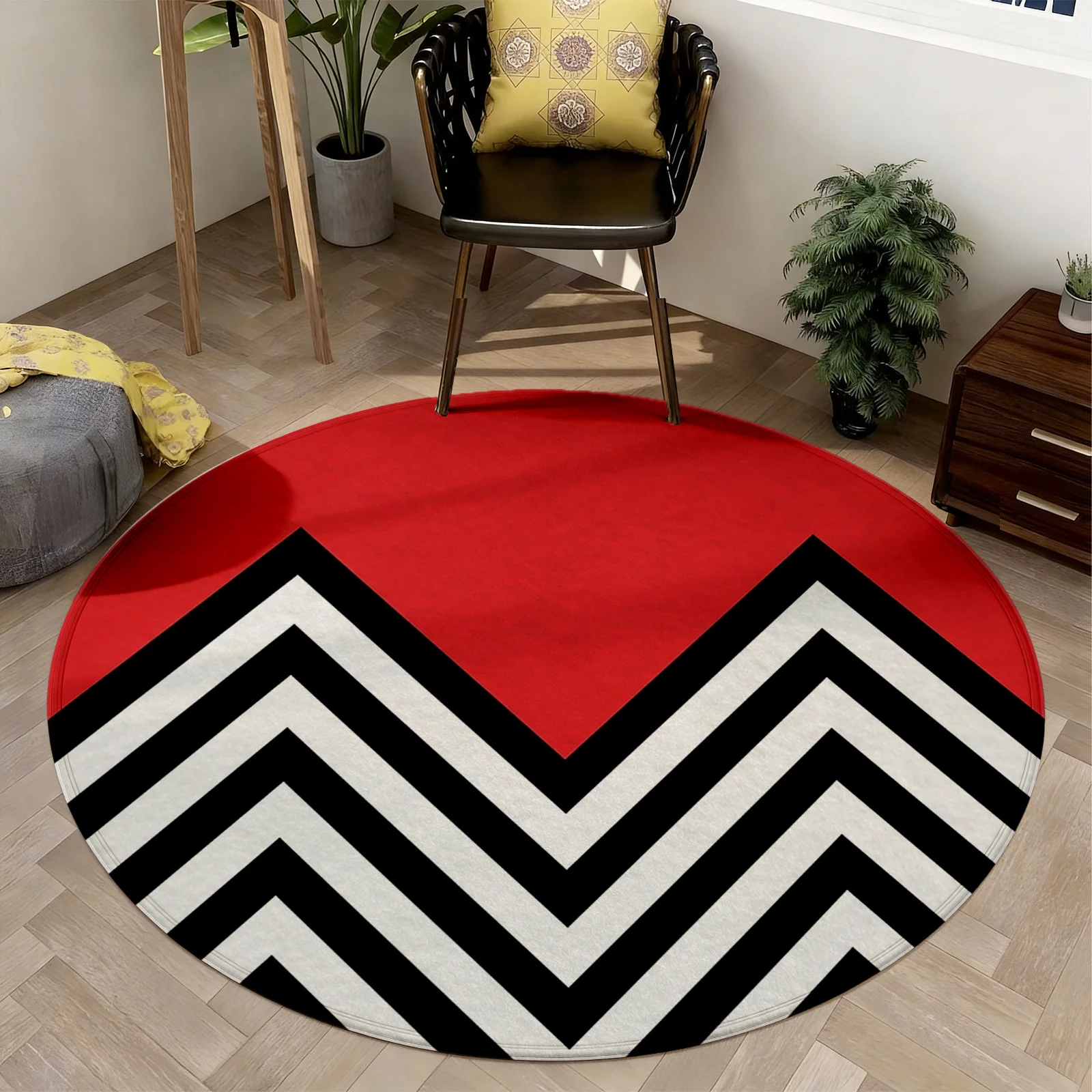 Chic Round Geometric Chevron Area Rug Carpet Mat for Living Room Hall Decor Modern Zigzag Pattern Accent Black White Red Style F