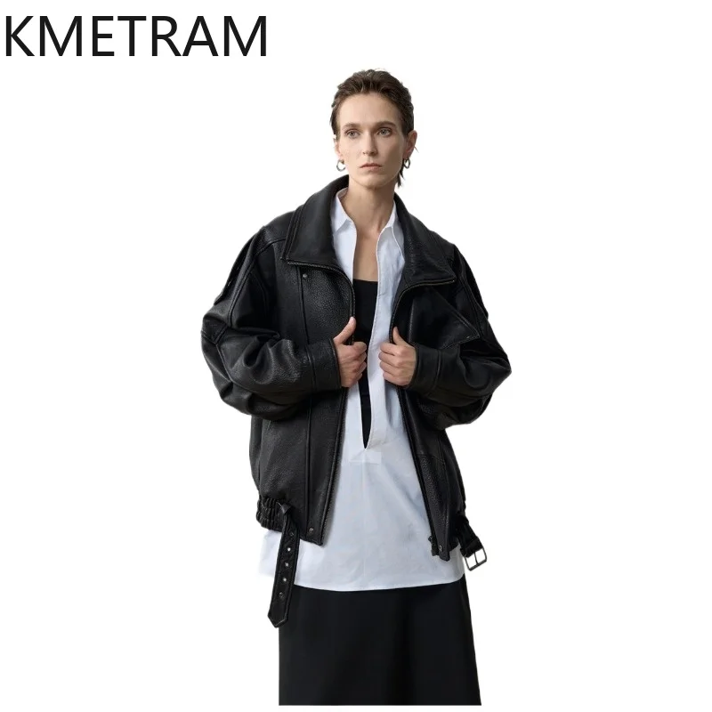 Jaqueta Feminina KMETRAM de Couro Genuíno de Ovelha, Estilo Moto Oversized, Casaco Solto de Motociclista para Outono 2026, Roupa Feminina
