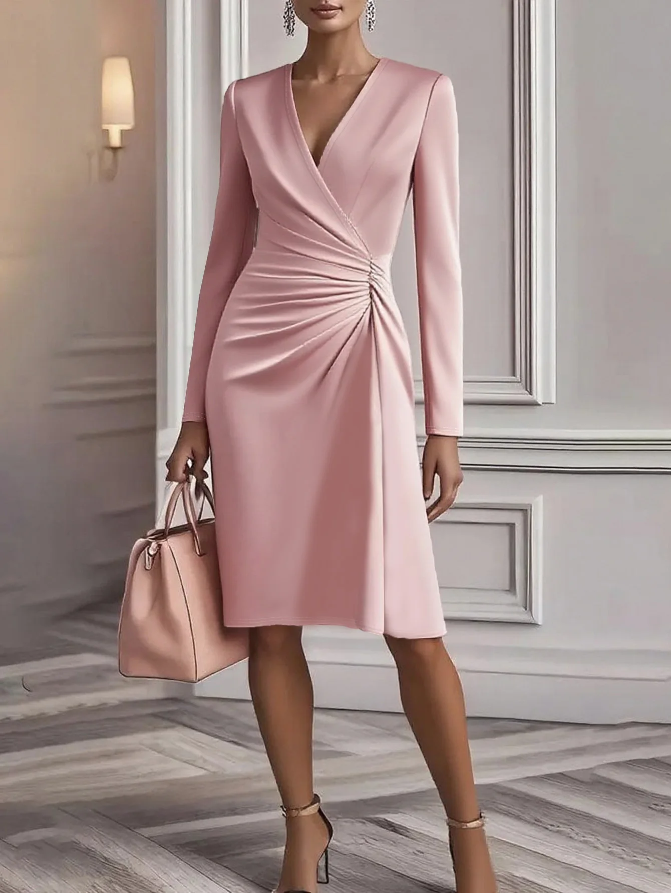  Schickes Damen-Wickelkleid mit V-Ausschnitt, Raffung, Midi-Länge, Langen Ärmeln und Asymmetrischem Saum, Formelles Kleid für Elegantes Büro und Pendeln – Detail 3