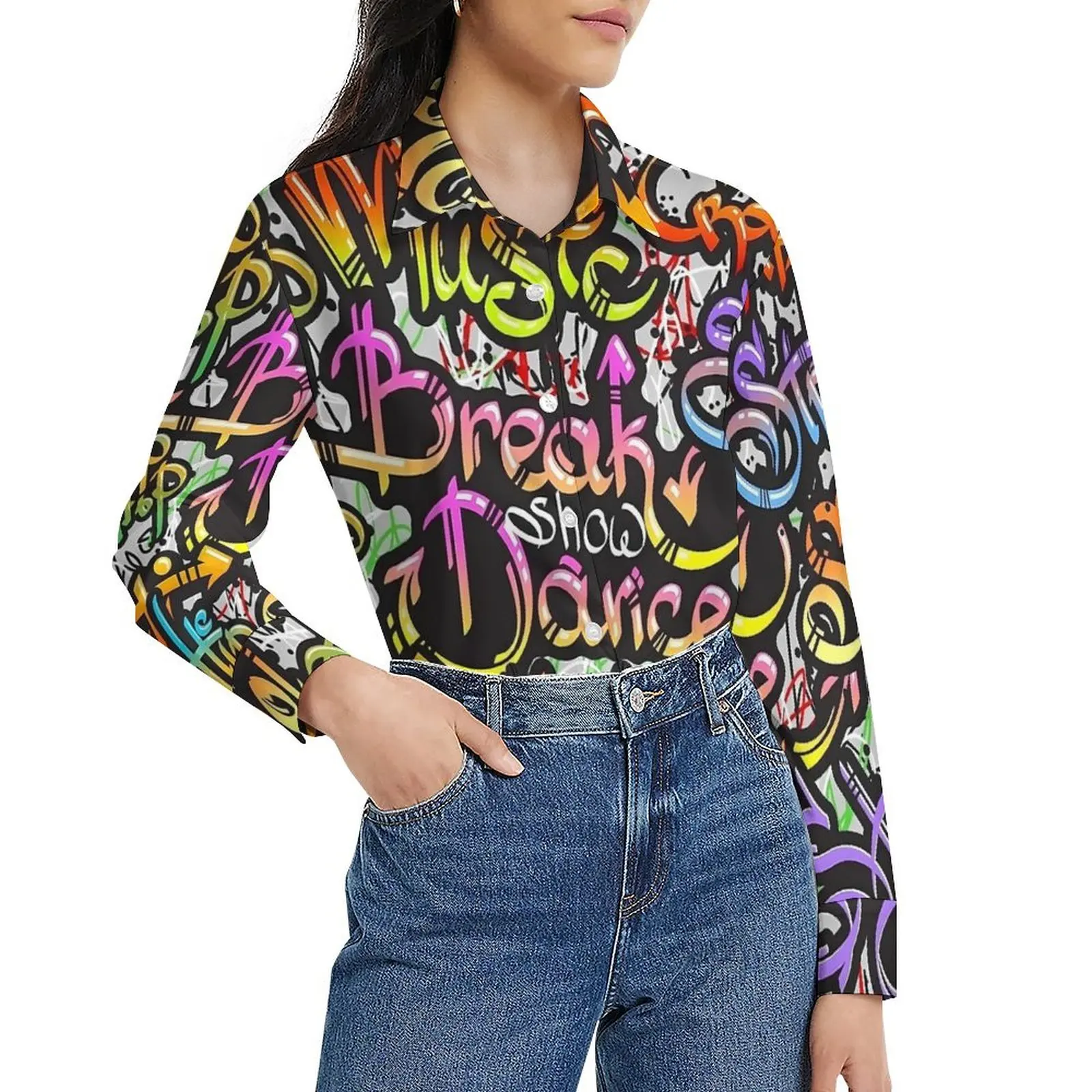 Colorful Graffiti Style Design Loose Blouse  Street Wear Oversize Blouses Woman Long Sleeve Retro Shirt Spring Custom Tops