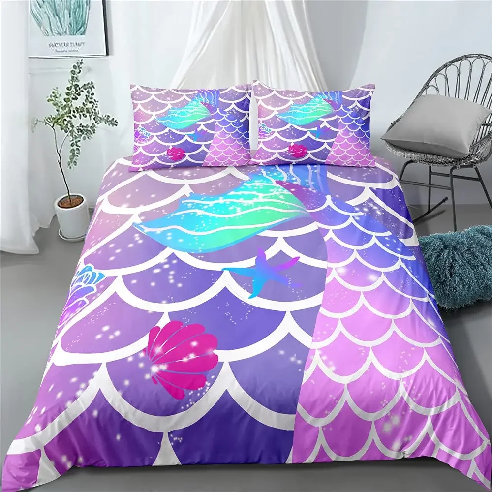 Girls Fish Scale Duvet Cover Full Queen Size Mermaid Fish Scale Bedding Set Sea Animal Print Comforter Cover for Kids Boys Girls