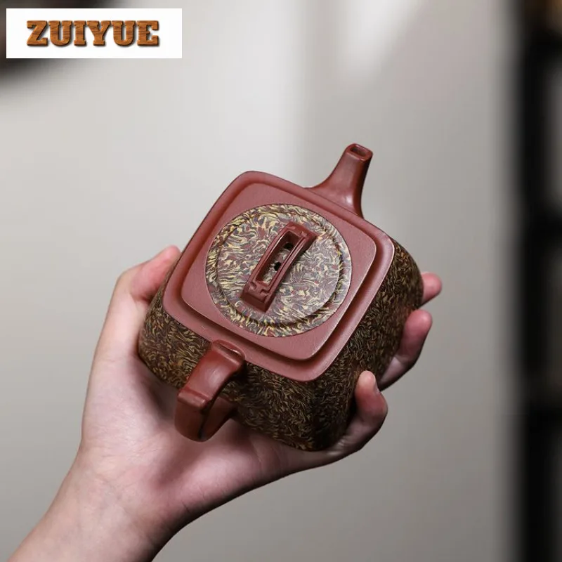 300ml Elegant Yixing Purple Clay Teapots Handmade Square Pot Raw Ore Dahongpao Twist Mud Kettle With Infuser Zisha Tea Set Craft