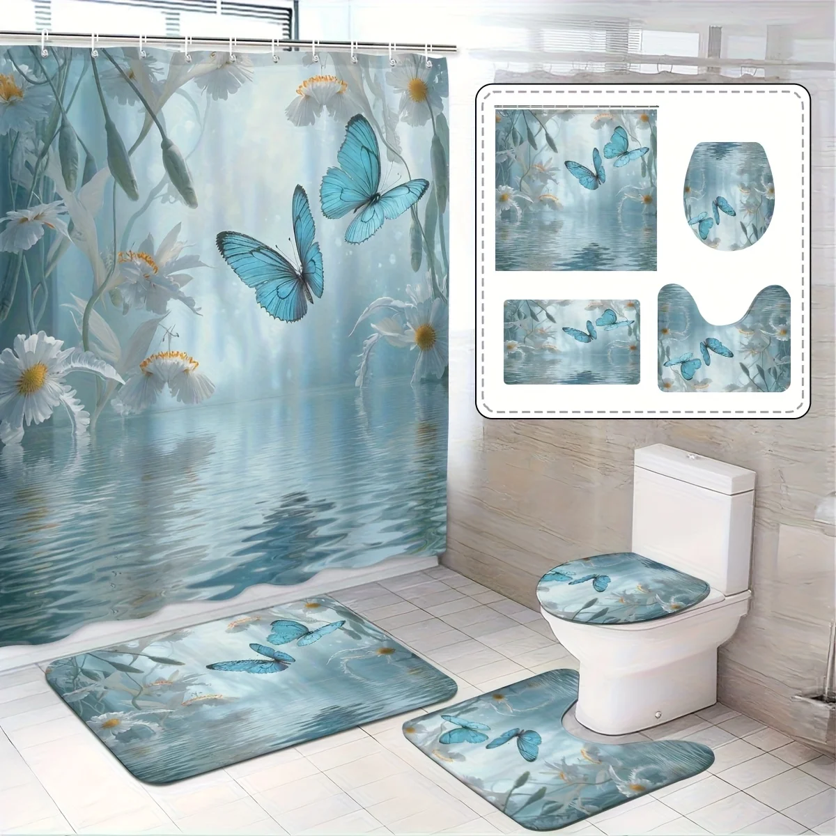

4pc Blue-green butterfly water feature bathroom set, polyester fabric, includes shower curtain + rug + toilet seat, U-shaped mat