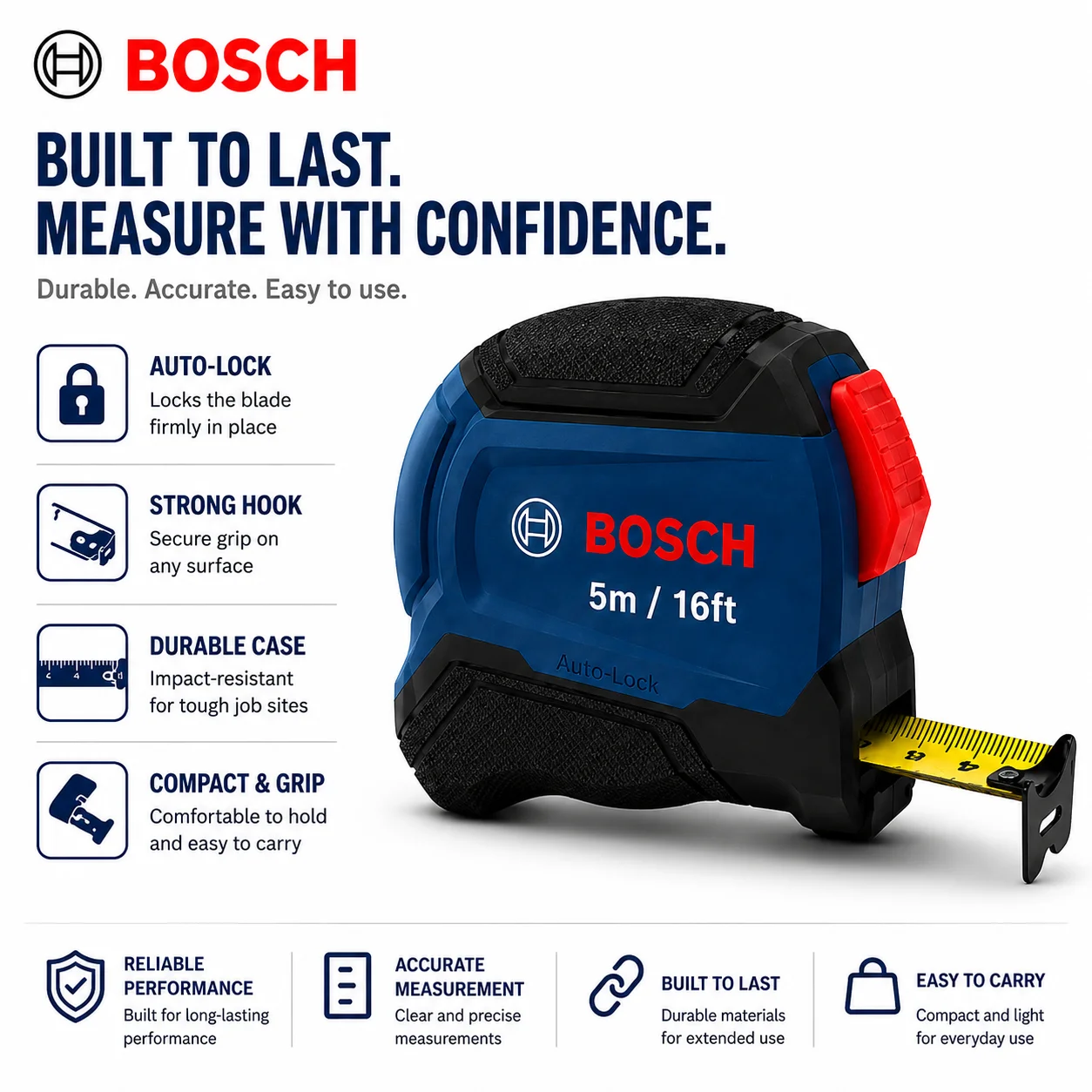 BOSCH 5m Tape Measure 22mm Auto Lock Double Sided Measuring Tape Nylon Coated 2.1m Standout Class II Hand Tool for Home DIY