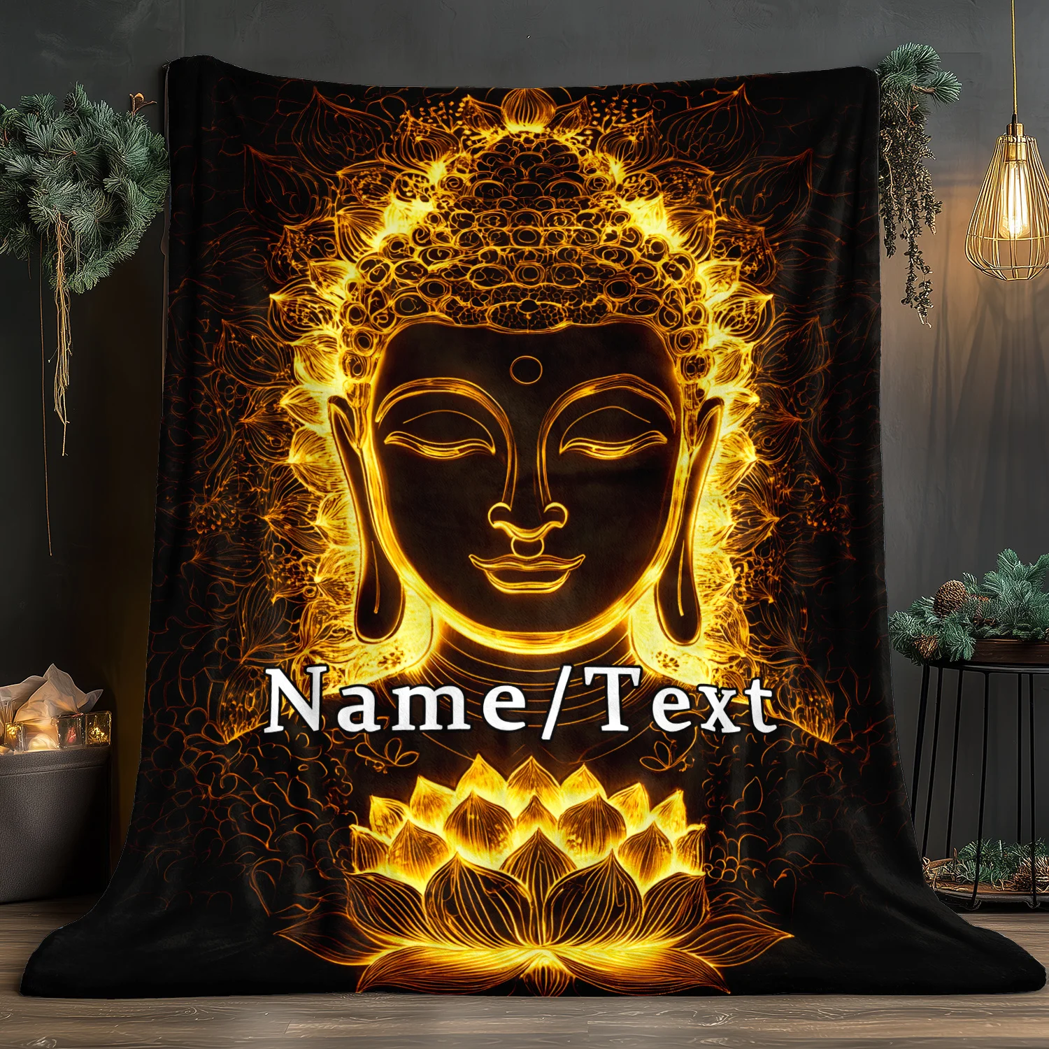 اسم مخصص حالمة الذهب بوذا بطانية خفيفة الوزن الفانيلا الفراش المنزلي مع تصميم لوتس لينة ودافئة الرقمية المطبوعة