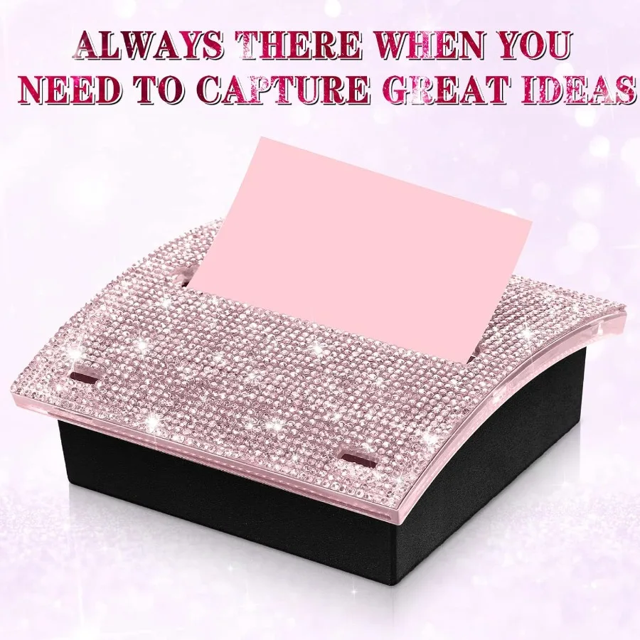 Rhinestone Self Stick Note Pad Holde 4 x 4 Inches Memo Sticky Dispenser Note Holder Sticky Dispenser for Office Home Desk Suppl