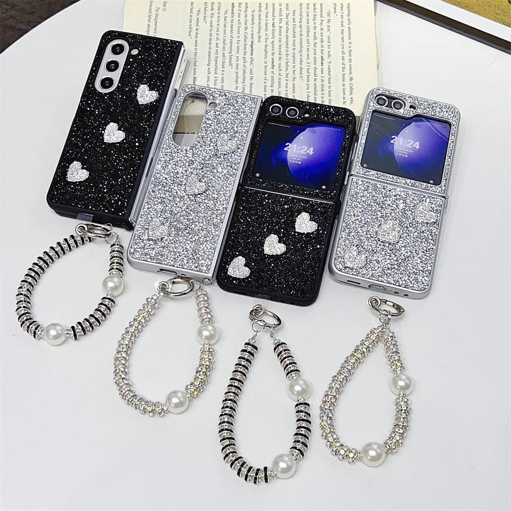 

Luxury Bling Glitter Love Heart Phone Case For Samsung Galaxy Z Fold 5 4 3 Fold5 5G Cute Women Girl Cover For Z Flip 3 4 5 Cases