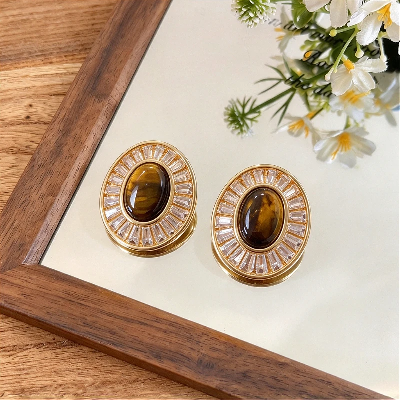 Retro Modern Gold Tone Imitation Tiger Eye Stone Earrings Ladies Delicate Shiny Zircon Appointment Daily Wear Party Jewelry Gift