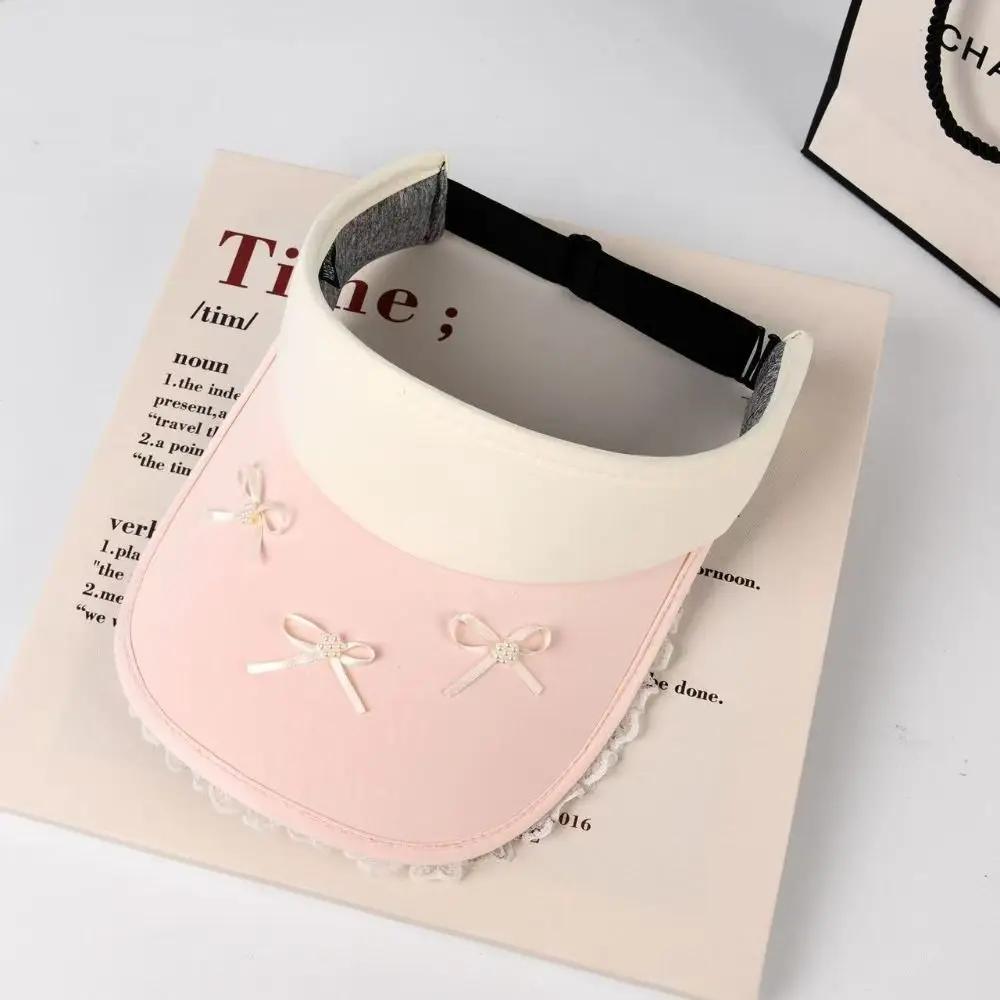 만화 캐릭터 스타일의 빈티지 리본 레이스 챙 여성용 썬햇, 넓은 챙, 사이즈 조절 가능, 자외선 차단 모자, 소녀용