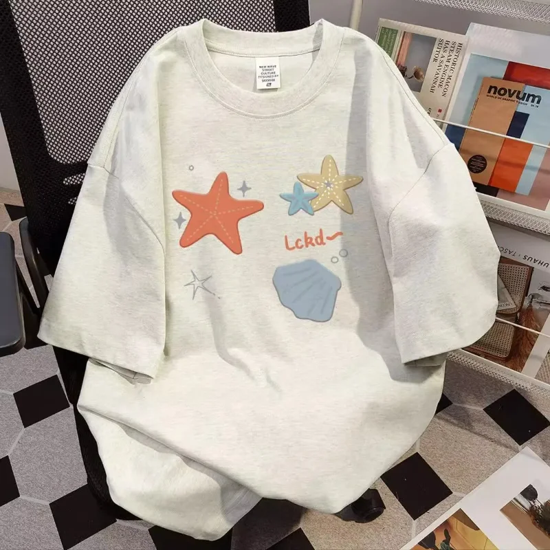 Men Women Heavyweight Cotton T Shirt Starfish Print Vintage Loose Couple Short Sleeve Tee