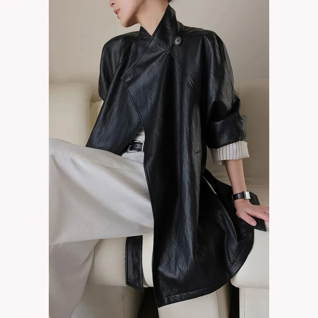 Black Medium To Long Leather Jacket Women's Early Morning High-end Feeling Retro Temperament Loose Jacket Coat