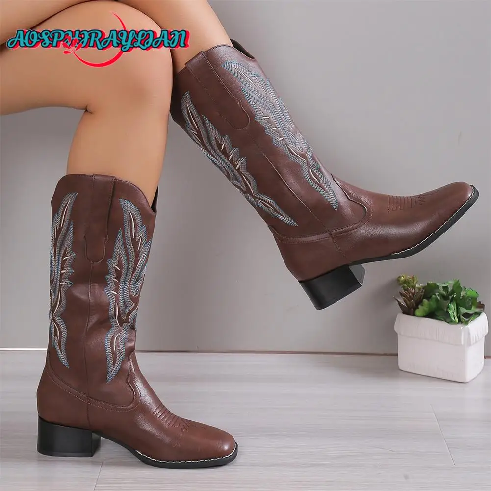 New women's Vintage Cowgirl Boots Fashion Embroider Chunky Heel women's Cowboy Boots Casual Party Autumn Winter Woman Shoes