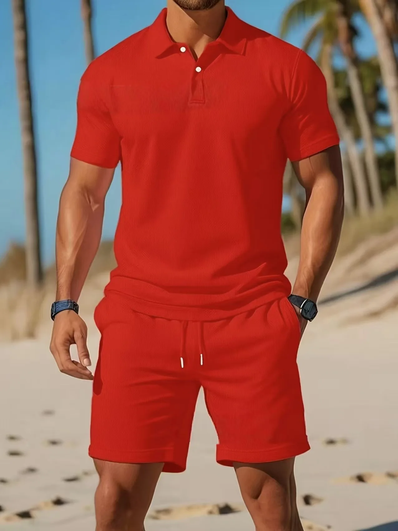 

Ensemble chemise et Short à revers en maille pour hommes, décontracté, plage, été, confortable, respirant, ample, couleur unie,