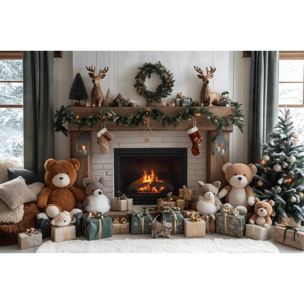 เตาผิงคริสต์มาสการถ่ายภาพพื้นหลังXmas Treeของเล่นของขวัญพวงหรีดเด็กครอบครัวภาพฉากหลังPhotobooth Prop