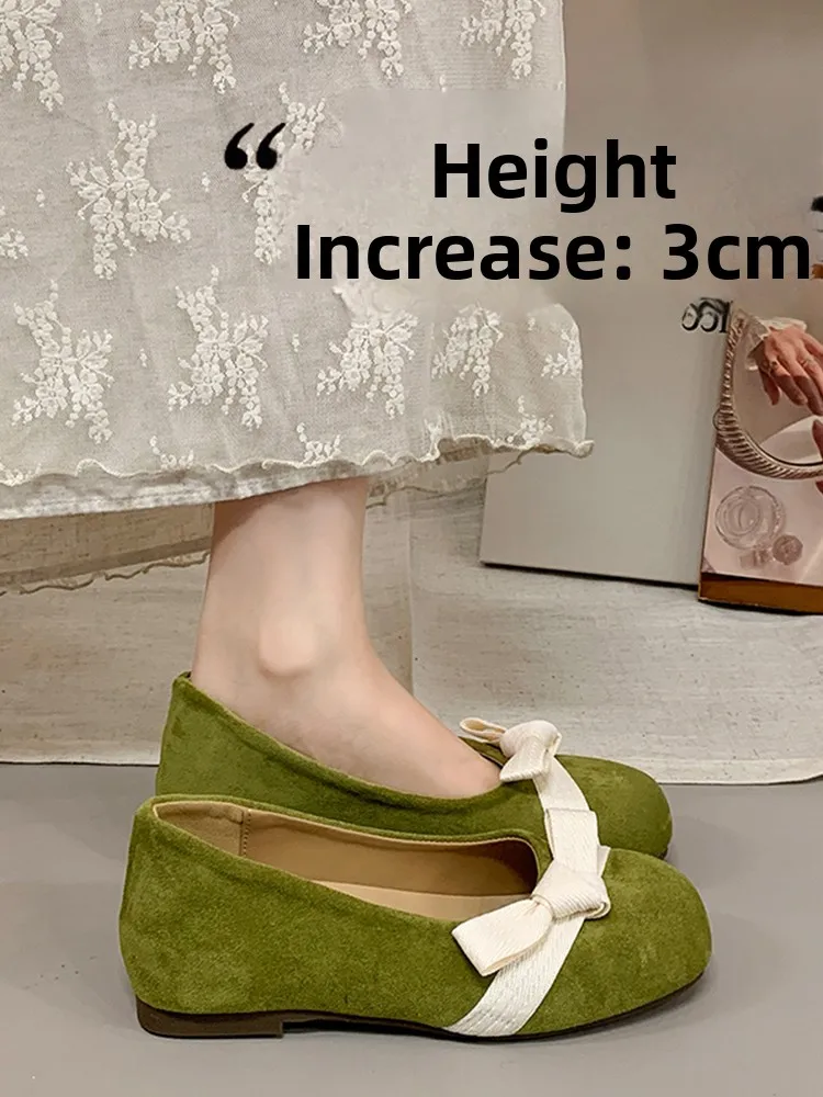 Ballet Flat Shoes Women's Velvet Surface  Knot Mary Janes Increased Height Spring Autumn Fashion Casual round Toe