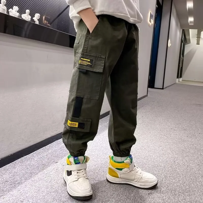 Children Boys Cargo Pants Green Spring Autumn Cotton Boys Trousers Casual Kids Sport Jogger Pants Teenage Outdoor Sweatpants