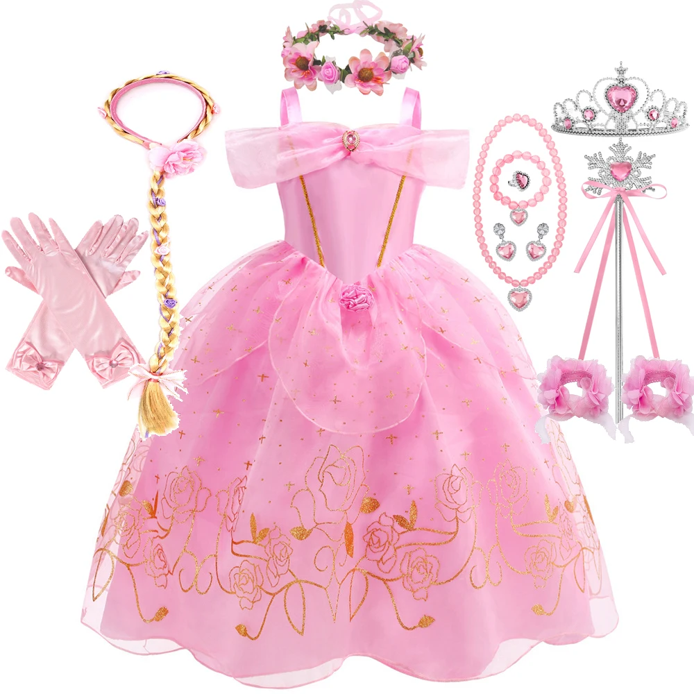 Aurora Costume Kids Pink Dress Girl Sleeping Beauty Cosplay Cute Sling Sleeveless Costume Elegant Dress+ Accessories Set