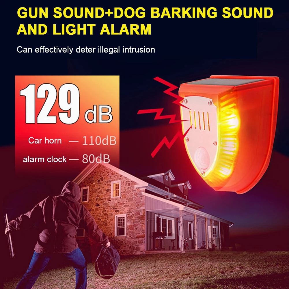 

Outdoor Solar Alarm with Motion Sensor Gunshot Sounds & Dog Barking Sound & Strobe Light Security Alarm Siren for Farm Barn Yard