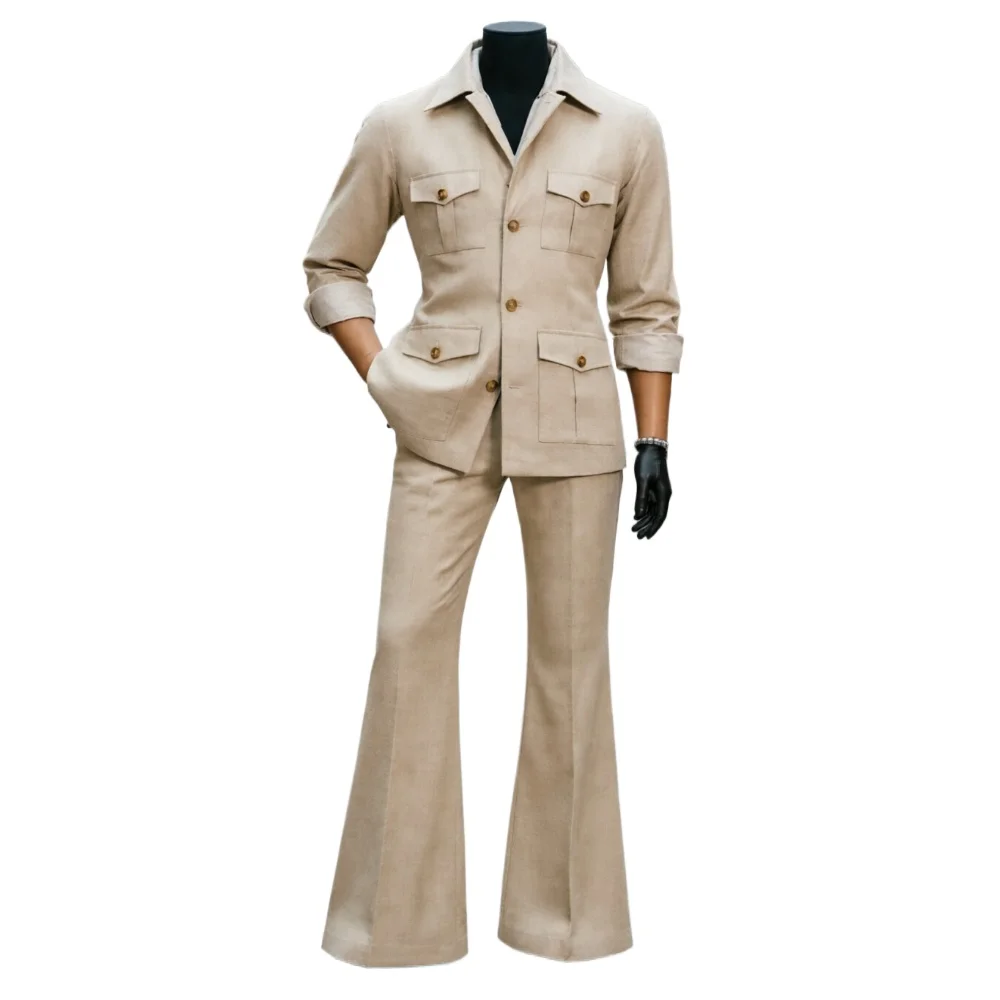 

Safari Men Suits with Wide-Leg Pants Vintage Utility Blazer Button Pocket Detail Slim Fit Casual Occasions Daily Wear 2 Pieces