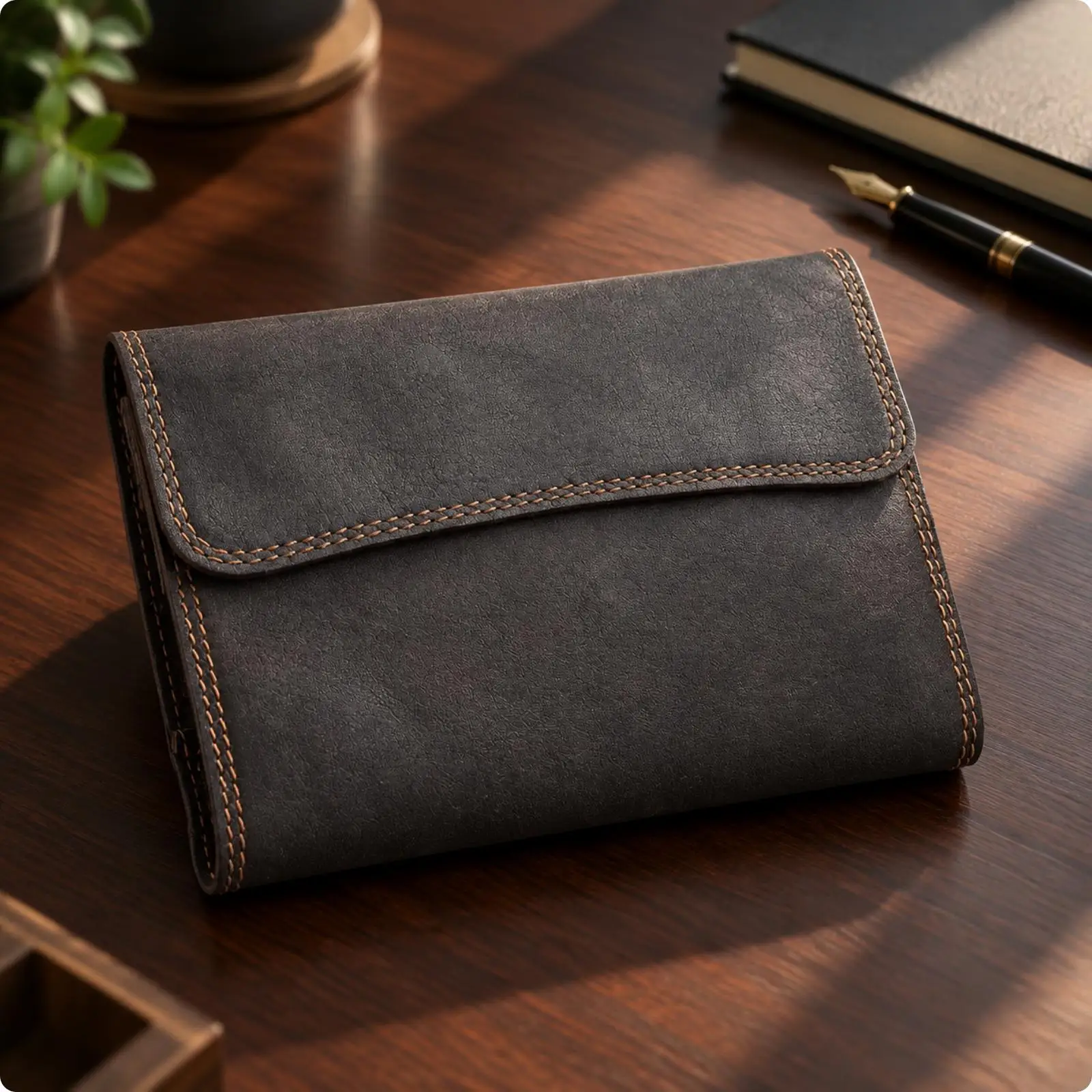 Half Letter Leather Notebook Folio with Page Marker Strap for Study Use