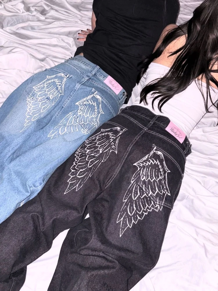 Deeptown Black Gothic Graphics Jeans Women Y2k Vintage Rhinestone Wide Leg American Style Denim Trousers Baggy Barrel-leg Pants