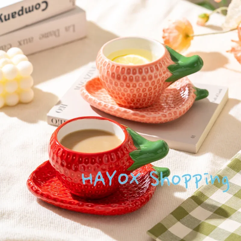 Hand Drawn Strawberry Cups Plate Set, Double-layer Coffee Mugs,Underglaze Colored Ceramic Mug,Afternoon Tea Cup,Couple Water Cup