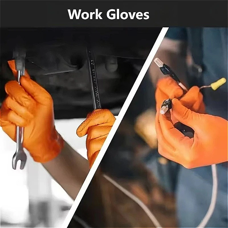 

100 шт. оранжевых промышленных нитриловых перчаток, одноразовые, с рельефной текстурой «алмаз», для механиков, тату-мастеров, защитные перчатки, инструменты для защиты