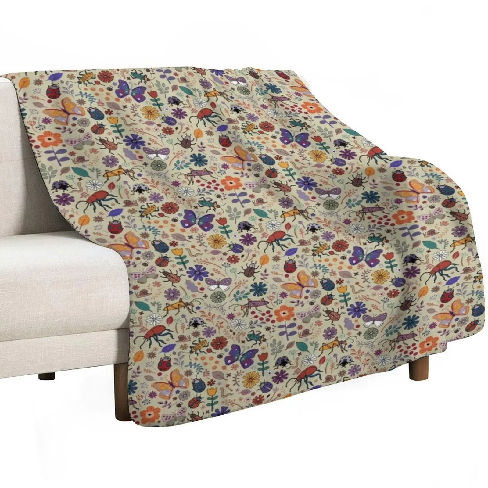 Butterflies, Beetles and blooms - taupe - pretty floral pattern by Cecca Designs Throw Blanket Baby Blankets