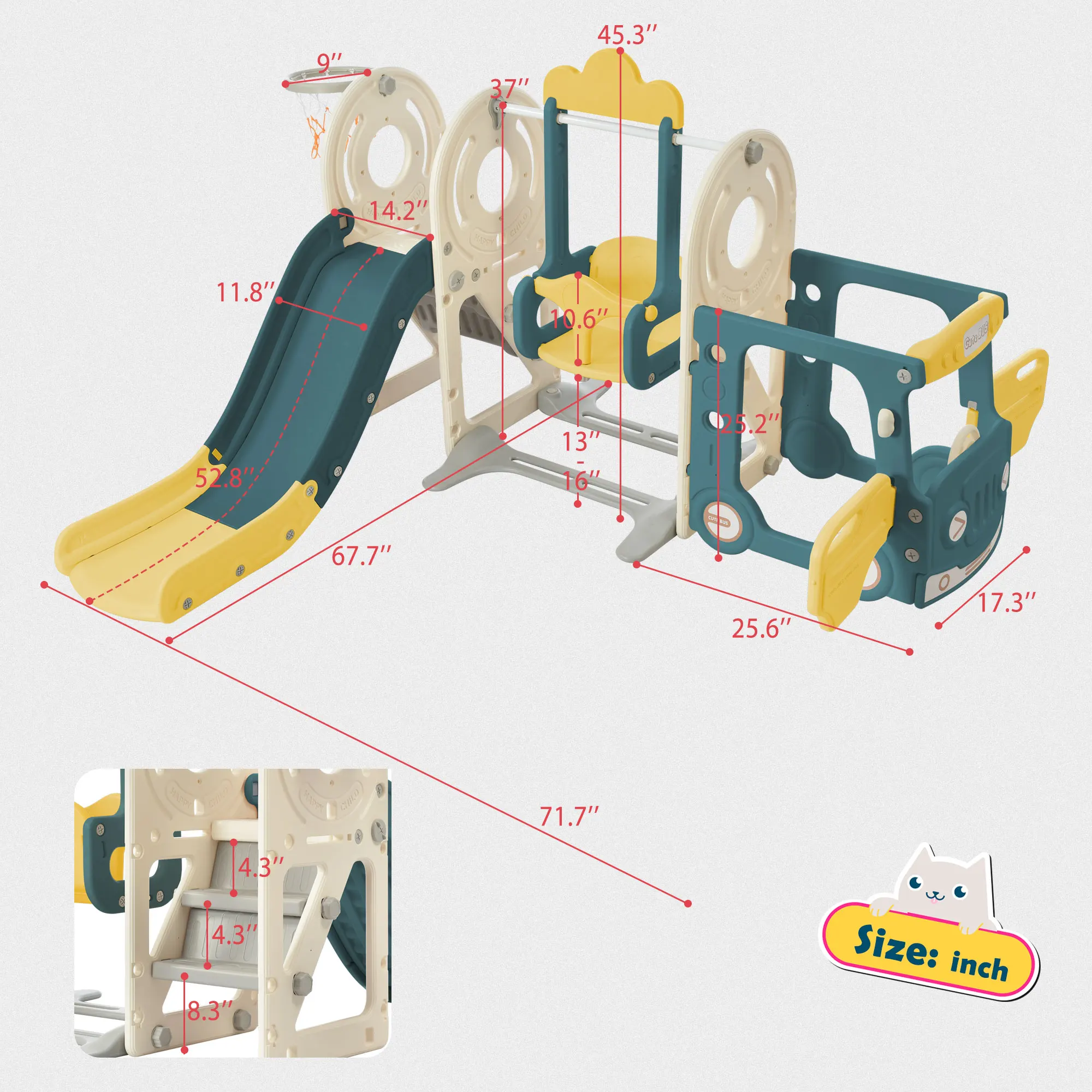 Altalena per bambini con struttura di gioco per autobus, giocattolo per autobus autoportante con scivolo e altalena per bambini piccoli, Set di diapositive per autobus con pallacanestro Ho